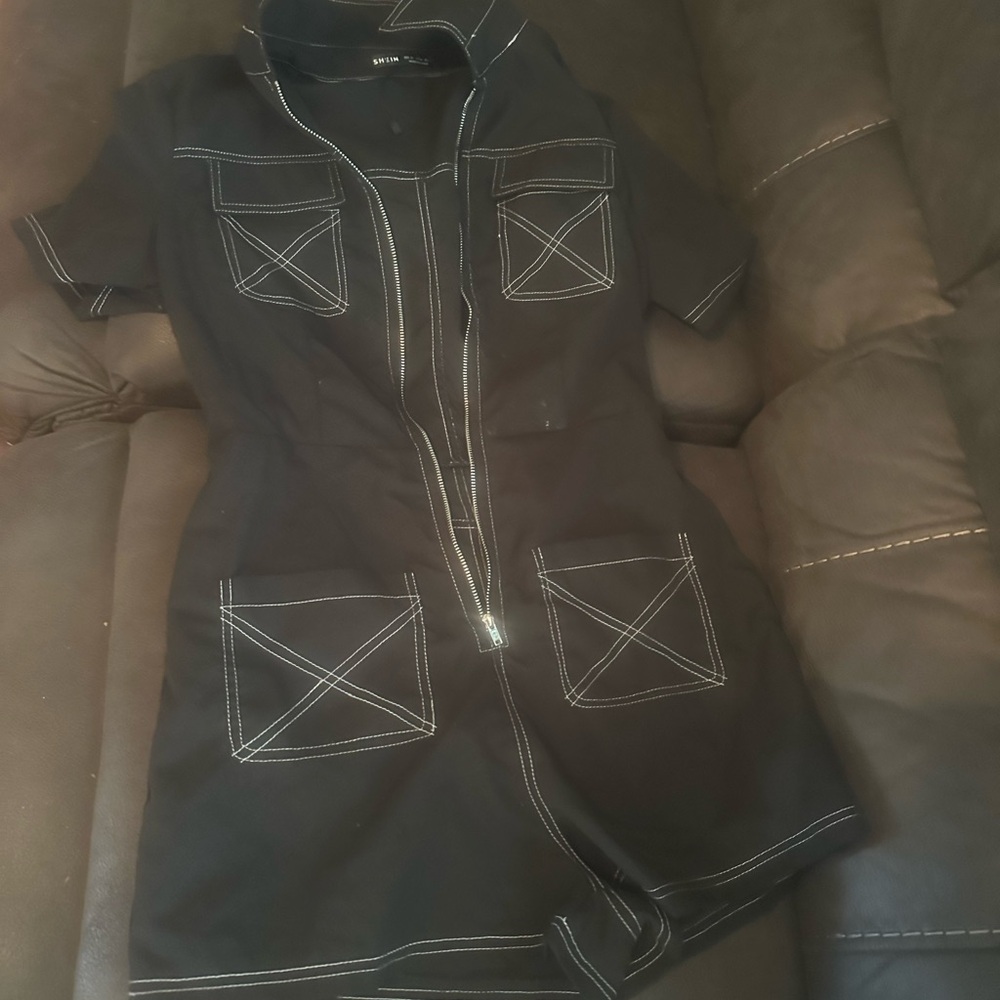 Black Short-Sleeve Romper with White Contrast Stitching